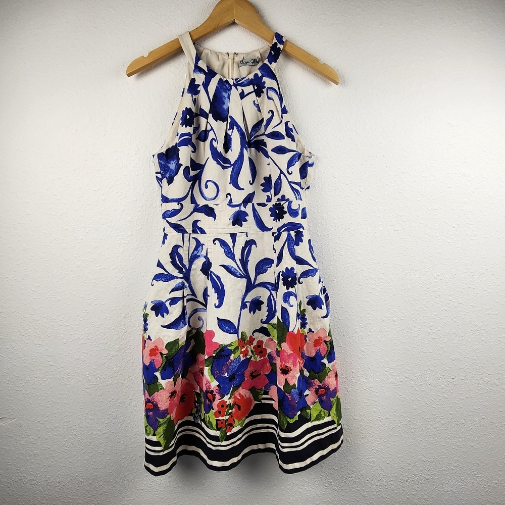 Eliza J Blue Floral Fit Flare Dress 6 Sleeveless Midi Feminine Cotton